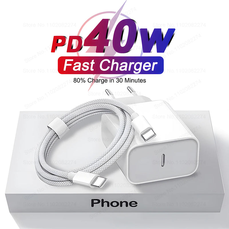 Carregador Rápido PD 40W com Cabo USB-C para iPhone e iPad
