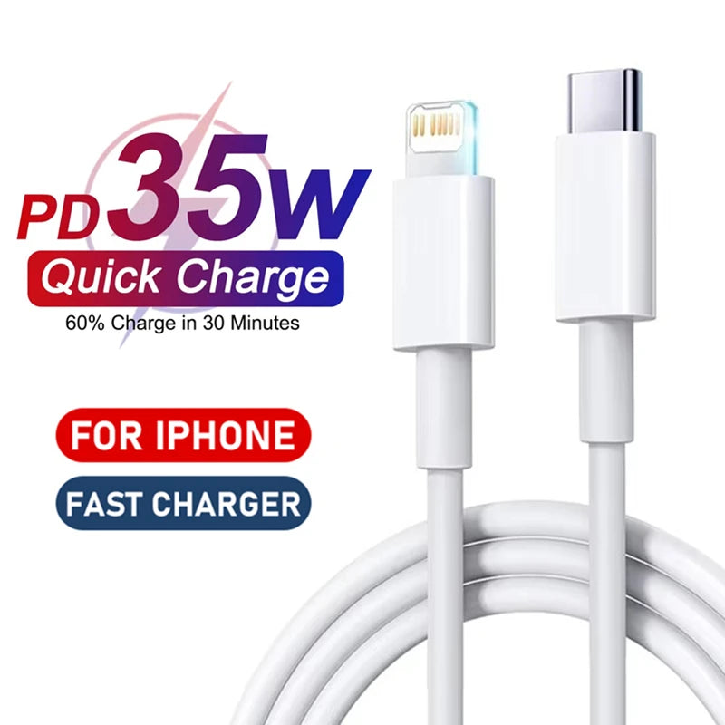 Cabo USB 35W Fast Charging para iPhone (XS, XR, 11, 12, 13, 14, Pro Max, 6, 7, 8, Plus, SE) – USB-C, Carregador Rápido, 1m / 1,5m / 2m