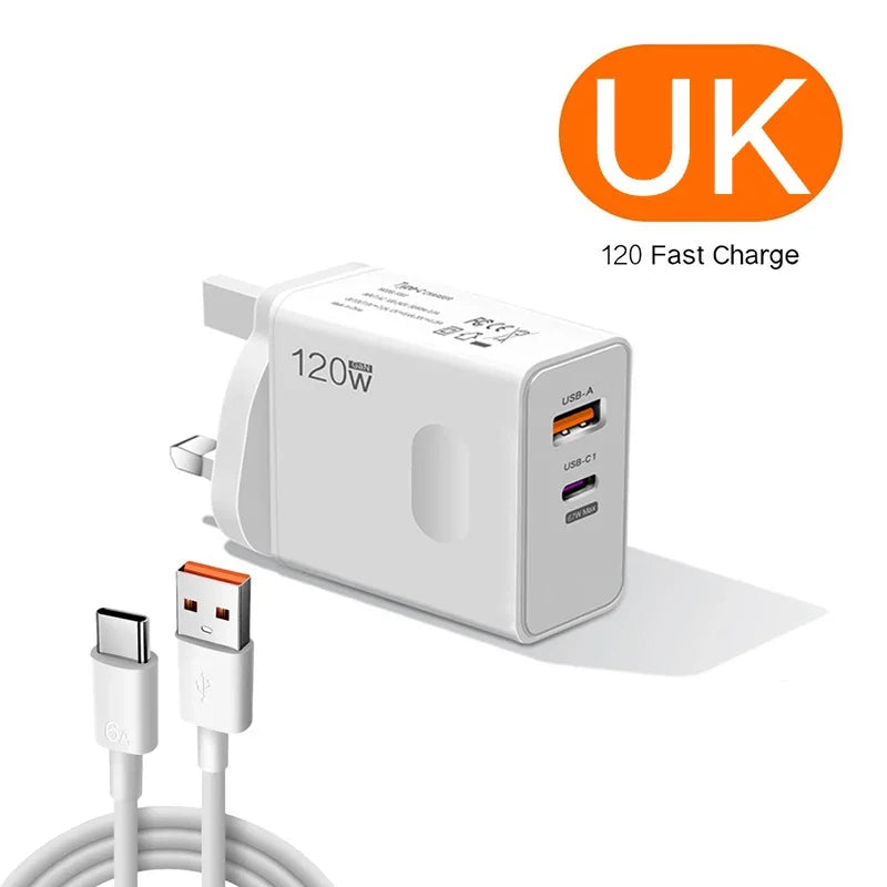 Carregador Xiaomi 120W Super Rápido - Compatível com Apple, Xiaomi, Huawei, Samsung | Plug EU/US/UK