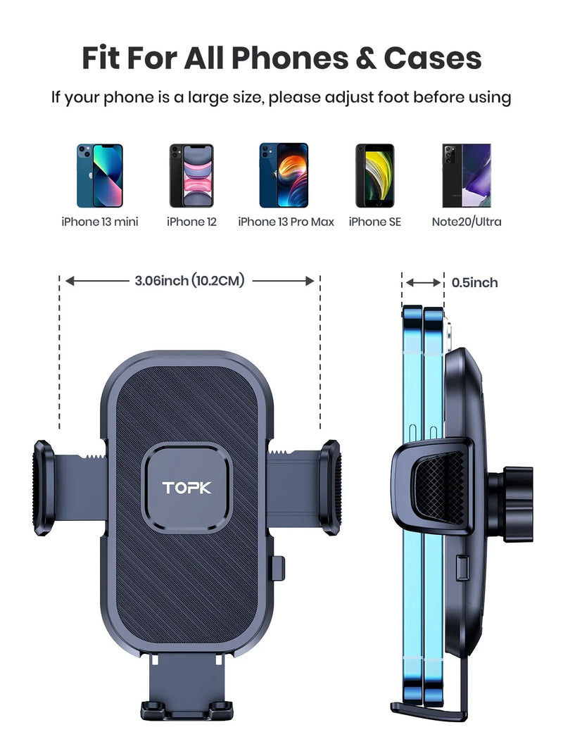 Suporte Gravity para Celular TOPK — Compatível com iPhone, Xiaomi, Samsung — Para Painel, Para-brisa e Saída de Ar do Carro