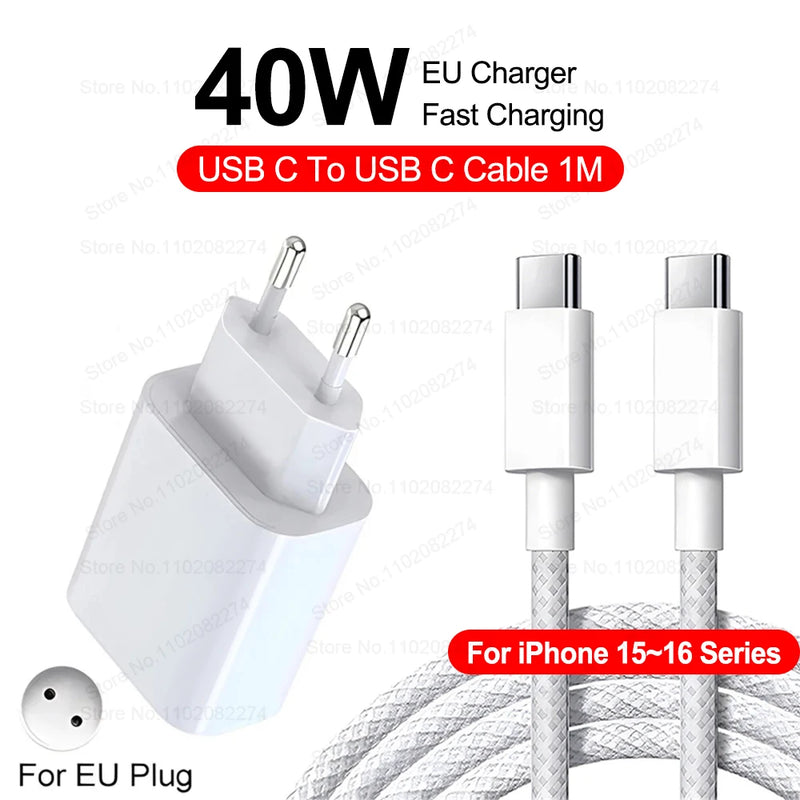 Carregador Rápido PD 40W com Cabo USB-C para iPhone e iPad
