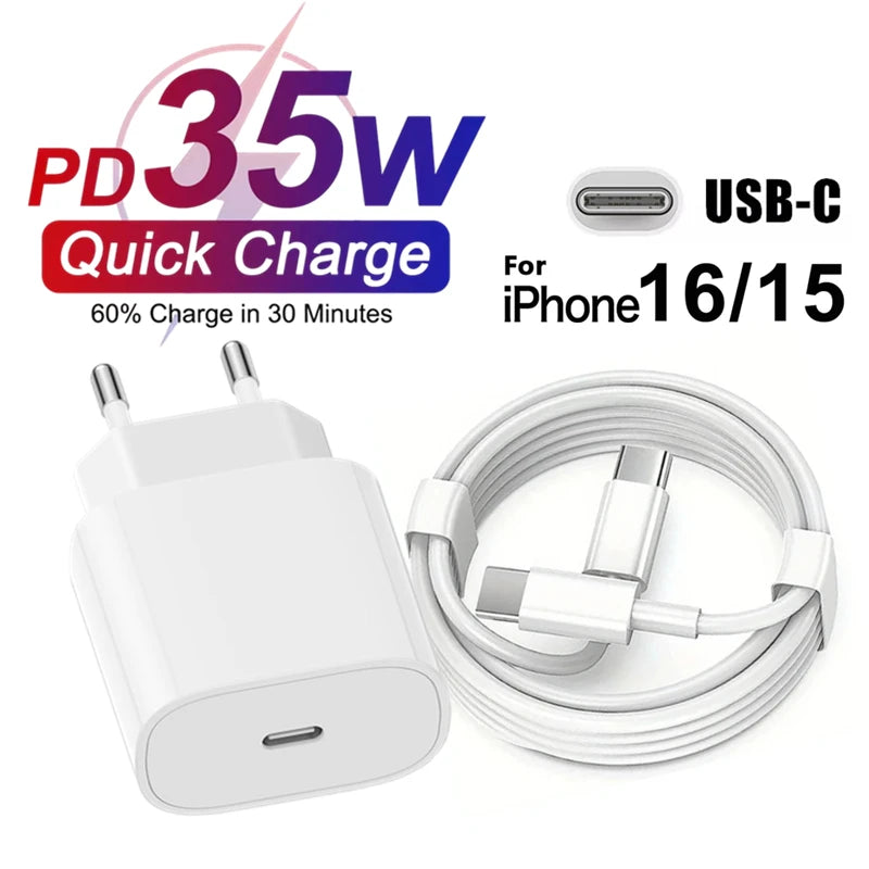 Carregador Rápido USB-C PD de 35W com Cabo para iPhone 15 Pro Max 16 Plus – Carregador de Parede com Dupla Entrada Tipo-C, Carregamento Rápido, Plugue EU, Compatível com Samsung