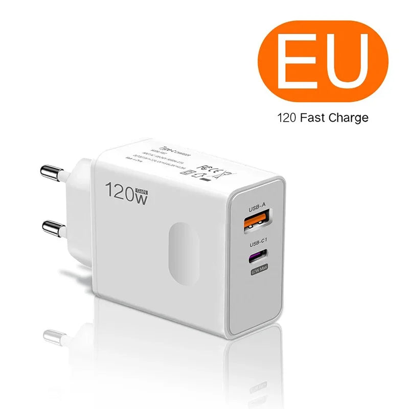 Carregador Xiaomi 120W Super Rápido - Compatível com Apple, Xiaomi, Huawei, Samsung | Plug EU/US/UK
