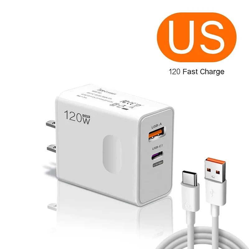 Carregador Xiaomi 120W Super Rápido - Compatível com Apple, Xiaomi, Huawei, Samsung | Plug EU/US/UK