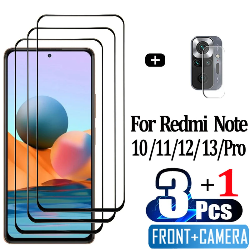 Película de Vidro Temperado Frontal para Xiaomi Redmi Note 10 / 11 / 12 / 13 / Pro / 5G + Filme de Proteção da Câmera