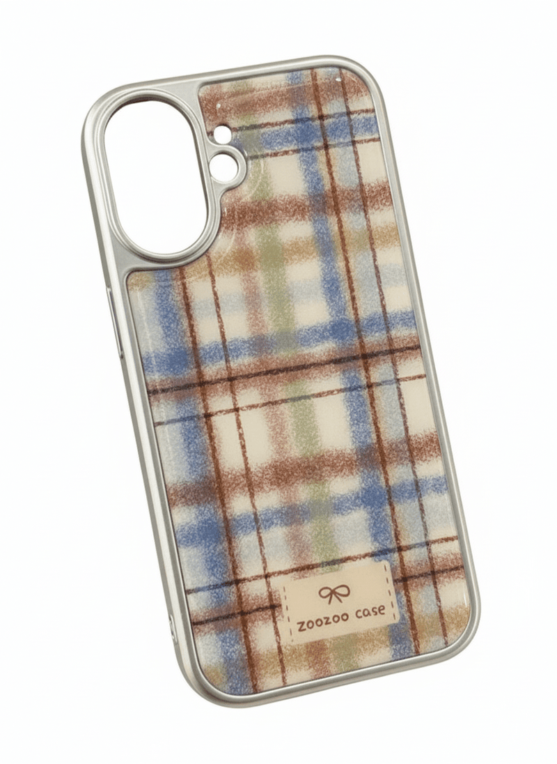 Capa de Telemóvel Retro Tartan com Moldura Prateada para iPhone – Efeito Lã - Horiginex