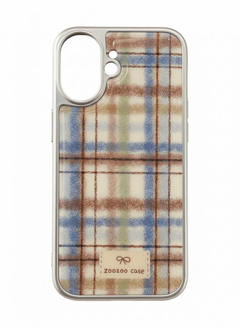 Capa de Telemóvel Retro Tartan com Moldura Prateada para iPhone – Efeito Lã - Horiginex