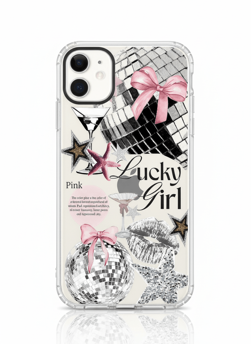 Capa Transparente Rosa com Laço e Disco Ball para iPhone – Estilo Lucky Girl - Horiginex