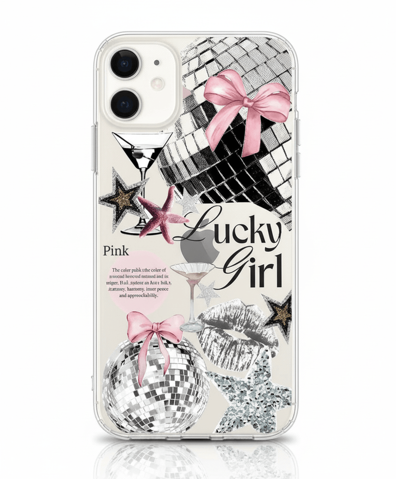 Capa Transparente Rosa com Laço e Disco Ball para iPhone – Estilo Lucky Girl - Horiginex